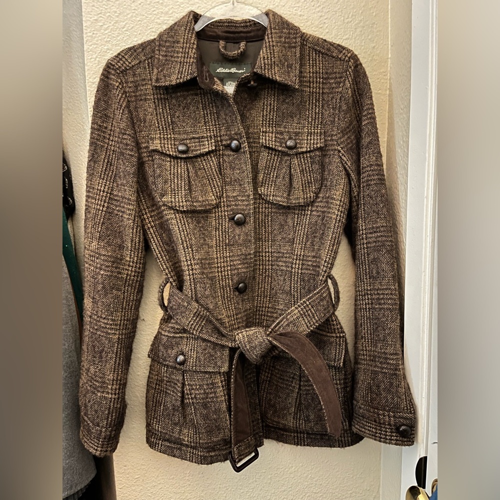 Eddie Bauer Brown Wool Blend Plaid Tweed Jacket